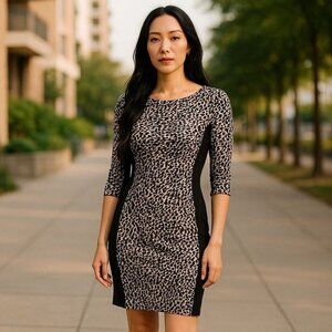 LRL Ralph Lauren Black Off White Animal Print Sheath Dress Size 8 Lined Stretch